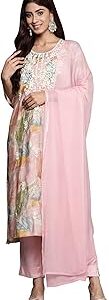 Women's Embroidered Silk Blend Calf Length Straight Kurta & Pant with Dupatta Set (KH7ML7652)