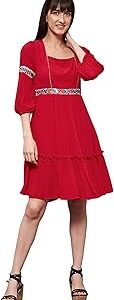 Women's Red Square Neck Bishop Sleeve Viscose Rayon Solid Gathered Midi Dress