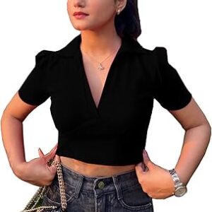 Women's & Girls' Solid Basic V Neck Collared Ribbed Slim Fit Crop Top