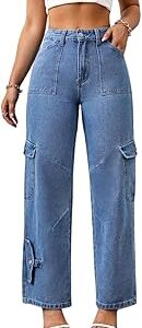 Fashion Women Cargo Jeans | High Waist Stretchable Wide Leg Loose Fit Denim| Boyfriend Cargo Jeans for Women(WJ1-1229)