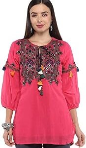 Womens Tie Up Neck Solid Embroidered Kurta