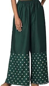 Women's Loose Green Border Printed Flared Palazzo Pants