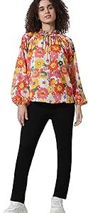 Self Design Floral Printed Tie Up Neck Long Sleeves Top