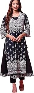 Women Black Cotton Double Layered Printed Kurta