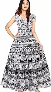 Women's Cotton Maxi Long Length Skirt Dress Jaipuri Printed black-white Free Size Upto 44-XXL