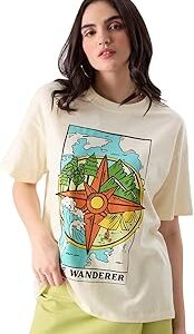Women TSS Originals: The Wanderer Oversized T-Shirt Oversized T Shirts for Women T-Shirt Girls Cotton Casual Half Sleeves Baggy Loose Fit Drop Shoulder Round Neck Back Printed