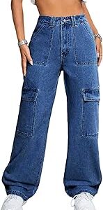 Women's Solid High Rise Relaxed Fit Cargo Jeans