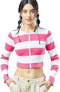 Women's Striped Slim Fit Full Sleeve Round Neck Rib Short Top