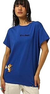 Official Tom & Jerry Merchandise Women's 100% Cotton Graphic Print Boyfriend Fit Round Neck T-Shirt