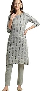 Light Grey Rayon Printed Straight Kurta with Pant | Kurta Set for Women