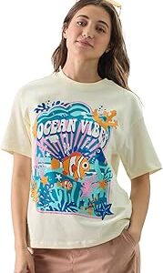 Official Disney: Ocean Vibes Women and Girls Round Neck Short Sleeve Off White Graphic Printed Cotton Relaxed Fit
