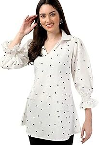 Women's Elegant 3/4 Sleeve Heart Print Blouse: V-Neck Collared Shirt for Casual & Office Wear