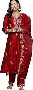 Women's Embroidered Silk Blend Straight Kurta Pant with Dupatta