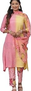 Women Yellow and Pink Poly Viscose Asymmetric Kurta Pant Suit Set