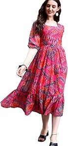 Women's Georgette Floral Printed Indo-Western Ethnic Gown || Half Sleeve V Neck Fit & Flare Flared Hem Design || A-Line Maxi Dress Casual Wear