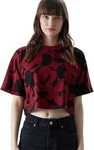 Disney: Mickey Faces Womens and Girls Oversized Cropped Fit Graphic Printed Half Sleeve Cotton Red Color Women T-Shirts T Shirt for Women Round Neck Half Sleeve Printed