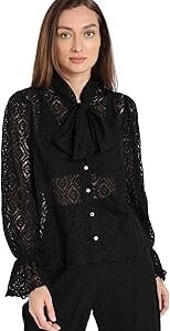 Self Design Tie Up Neck Puff Sleeve Sheer Shirt Style Top