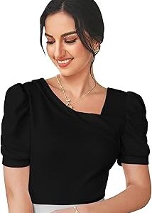 Women's Polyester Slim Fit Puff/Balloon Bishop Sleeve Elegant Casual Tee Top, 23" Inches - (Top Paris-01)