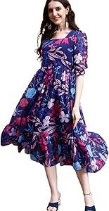 Women's Georgette Floral Printed Indo-Western Ethnic Gown || Half Sleeve V Neck Fit & Flare Flared Hem Design || A-Line Maxi Dress Casual Wear