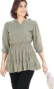 Women's Blue Self-Textured Georgette Puff Sleeve Top