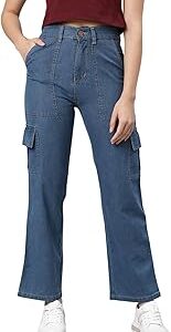 Women's High Rise Straight Fit High-Rise Stretchable Cargo Jeans