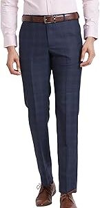 Men's Mid Rise Checks Pattern Smart Fit Polyester Blend Flat Front Formal Trouser