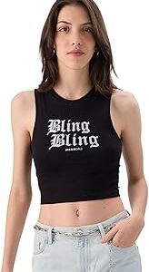 Official Mean Girls: Bling Bling Women and Girls Sleeveless Round Neck Black Graphic Printed Slim Fit Cotton Tank Tops