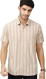 Men's Blended Linen Beige Striped Half Sleeve Casual Shirt
