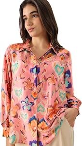 Floral Ink Women and Girls Long Sleeve Collared Neck Button Down Pink All Over Printed Polyester Shirts