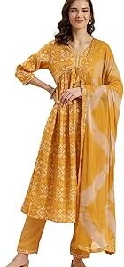 Yellow Rayon Printed Anarkali Kurta with Pant and Dupatta | Kurta Set for Women