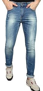 Men's Blue Slim Fit Heavy Washed Mild Distressed Jeans Stretchable