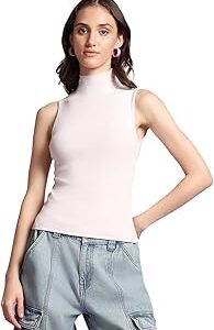 Women's Solid Slim Fit Sleeveless High Neck Rib Top