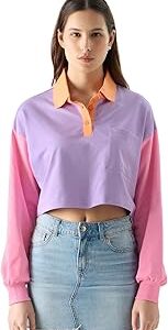Solids: Lavender & Pink Colourblock Women and Girls Long Sleeve Oversized Fit Cropped Rugby Polos Women's Polos Plain Tees Casual Fashion Regular Fit Round Neck Soli Summer Styles