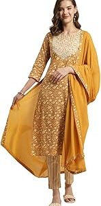 Mustard Cotton Embroidered Straight Kurta with Pant and Dupatta | Kurta Set for Women