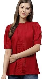 Women's Rayon Dobby Solid Straight Half Puff Sleeve High Neck Casual Regular Fit Top