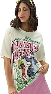 Official Disney: Bare Necessities Women and Girls Short Sleeve Round Neck White Graphic Print Cotton Oversized Fit T-Shirts Disney Old Retro Cartoon 90s Animated Character Themed