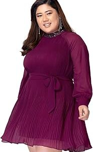 Women's Georgette Curve Wine Pleated Embellished Belted Dress Mini
