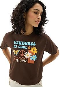 Originals: Kindness is Cool Women and Girls Short Sleeve Round Neck Brown Graphic Printed Regular Fit Cotton T-Shirts