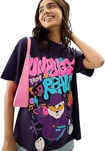 Unplugged from Reality Women and Girls Short Sleeve Round Neck Purple Graphic Printed Cotton Oversized T-Shirts