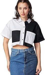 Women's Color Block Oversized Fit Half Sleeve Collared Neck Cotton Blend Cropped Shirt