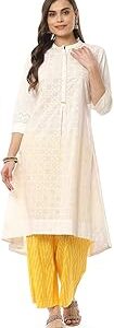 Women White and Yellow Cotton A - Line Kurta Cropped Palazzo Suit Set