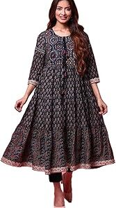 Women Black Cotton Double Layered Printed Kurta