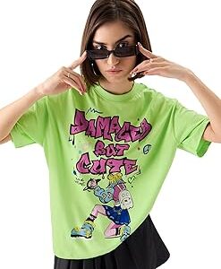Damaged But Cute Women and Girls Oversize Fit Half Sleeves Graphic Printed Green Color T-Shirt