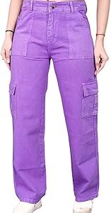 Denim Cargo Jeans for Womens & Girls | Six Pocket Bottom Wear Pants | High Waist | Regular Fit, Ankle Length Pant | Non Stretchable | Perfect for Formal & Casual Occasion (Purple)