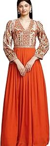 Womens' Chinon Embroidery Work Long Gown(M-2481 Orange)