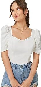 Women's Sweet Heart Neck Puff/Balloon Bishop Sleeve Elegant Casual Tee Top, 23" inches (Top Mentos-01)