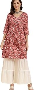 Coral Rayon Embroidered A-line Kurta with Sharara | Kurta Set for Women