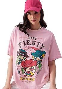 Powerpuff Girls: Stay Fiesty Womens Oversized Fit Graphic Printed Half Sleeve Cotton Pink Women Oversized T-Shirts