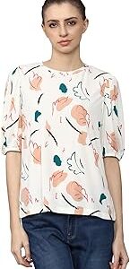 Women Cream Print Regular Fit Casual Top