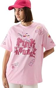 Official Pink Panther: Pink Trouble Women and Girls Short Sleeve Round Neck Pink Graphic Printed Cotton Oversized T-Shirts